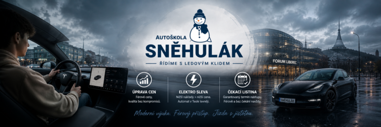 Širokoúhlý banner Autoškoly Sněhulák s černou Teslou Model 3 a šedou Dacií Sandero 3, zimní atmosféra v Liberci a logo se sněhulákem uprostřed.